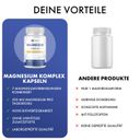 Grafik mit einer Flasche Magnesium Komplex Kapseln und Text. Vorteile: 7 Magnesiumverbindungen, 250 mg Magnesium, hohe Bioverfügbarkeit.