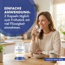 Frau trinkt Wasser. Auf dem Tisch: Flasche Magnesium Komplex Kapseln, Schüssel mit Müsli, Tasse. Text: Einfache Anwendung.