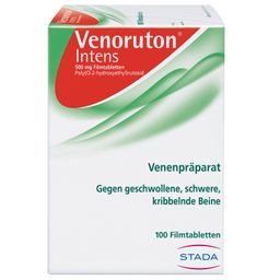 VENORUTON® Intens zur Behandlung von Beinschwellungen (Ödemen) und Linderung bei schweren, müden Beinen, Spannungsgefühlen und Kribbeln bei chronischer Veneninsuffizienz. Wirkstoff: Oxerutin.