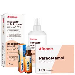 Paracetamol Redcare 500 mg gegen Schmerzen + Fenistil Kühl Roll-on, Kosmetikum beruhigt bei Insektenstichen + Redcare Insektenschutzspray Citriodiol™ 30 %
