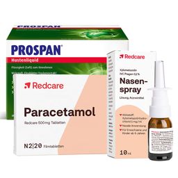 Paracetamol Redcare 500 mg gegen Schmerzen + Redcare Xylo 0,1 % Nasenspray + Prospan® Hustenliquid im Stickbeutel