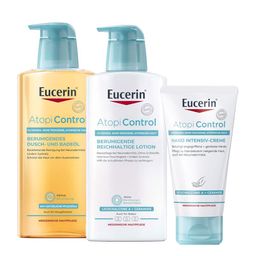 Eucerin® AtopiControl Beruhigende Reichhaltige Lotion beruhigt die Haut bei Neurodermitis + Eucerin® AtopiControl Hand Intensiv-Creme + Eucerin® AtopiControl Dusch-und Badeöl - Jetzt 20% mit dem Code eucerin20 sparen*