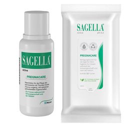 SAGELLA Active - PREGNACARE: Seifenfreie Intimwaschlotion für Frauen während und nach der Schwangerschaft + SAGELLA® Active Pregnacare Reinigungstücher
