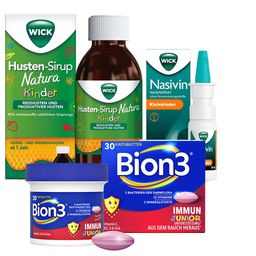 WICK Nasivin Nasenspray Kleinkinder ohne Konservierungsstoffe + WICK Husten-Sirup Natura Kinder ab 1 Jahr + Bion3 Immun Junior Kautabletten für Kinder ab 4 Jahren