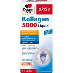 Verpackung von Doppelherz Kollagen 5000 Liquid. 14 Sticks. Enthält Kollagenhydrolysat, Chondroitinsulfat, Vitamin C + D3.