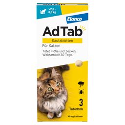 AdTab Kautabletten für Katzen über 2 bis 8 kg gegen Zecken und Flöhe, schnelle Abtötung von Parasiten für die Dauer von einem Monat