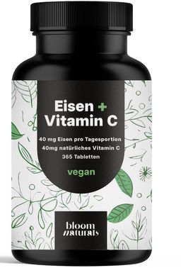Eisen Tabletten mit Vitamin C Hochdosiert - 365 Tabletten - 12 Monate Vorrat - Bloom Naturals
