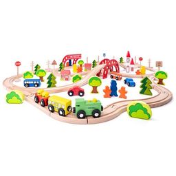 Woody Zug mit Brücke und Haltestelle - Modelleisenbahn Holzspielzeug