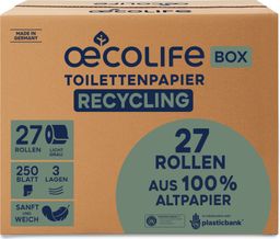 oecolife Toilettenpapier Box RECYCLING, 3-lagig, 27 Rollen x 250 Blatt, Großpackung