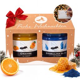 Grega´s Imkerei 2er Geschenkset Frohe Weihnachten Orange und Spirulina Blau im Honig