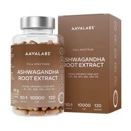 Aavalabs Bio Ashwagandha KSM 66 10.000mg - Mit Magnesium, Zink & Vitaminen - 120 Kapseln