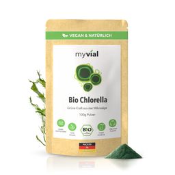 myvial® Bio Chlorella Pulver - 100 g mit Eisen & B12 - aufgebrochene Zellwand - vegan