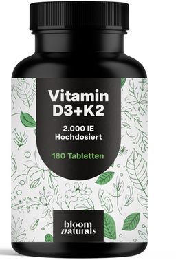 Vitamin D3 K2 Hochdosiert - 180 Tabletten - 2000 IE - Langzeitvorrat - Bloom Naturals
