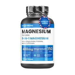 Vitastrong Magnesium Komplex 5-In-1. Flasche mit 150 Tabletten. Enthält 400mg Magnesium pro Dosis. Glutenfrei, ohne GVO.