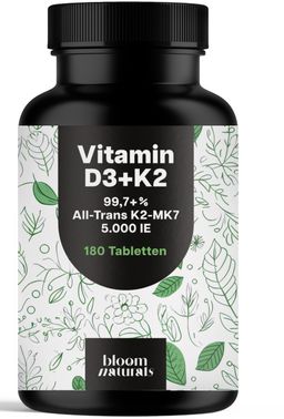 Bloom Naturals Vitamin D3 K2 Tabletten 5000 IE Hochdosiert - 180 Tabletten - Langzeitvorrat