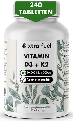 XTRA FUEL Vitamin D3 + K2 Tabletten - hochdosierte 20.000 I.E. + 200mcg MK-7 all-trans
