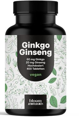Bloom Naturals Ginkgo Ginseng Tabletten Hochdosiert - 400 Tabletten - 13 Monate Vorrat
