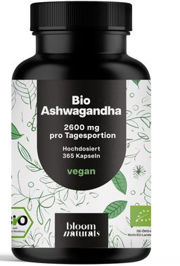 Bio Ashwagandha Hochdosiert - 365 Kapseln - 3 Monate Vorrat - Bloom Naturals