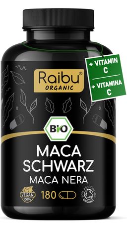 Bio Maca Schwarz Kapseln 3200 mg Tagesdosis mit Vitamin C – Vegane Maca Kapseln bio aus Peru | RAIBU