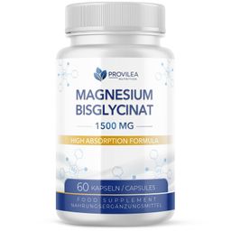 Weiße Flasche mit Kapseln. Aufschrift: Magnesiumbisglycinat 1500 MG, 60 Kapseln. Marke: Provilea Nutrition.