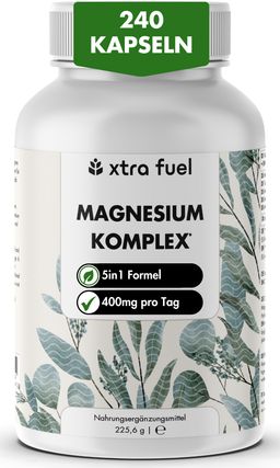 Weiße Flasche mit Kapseln. Aufschrift: XTRA FUEL Magnesium Komplex. 240 Kapseln. 5in1 Formel. 400mg pro Tag.