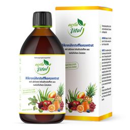 Agila Vital Mikronährstoffkonzentrat Flasche und Verpackung. Mit Frucht- und Gemüseabbildungen. Text: 100% natürlich, Geschmack & Farbe.