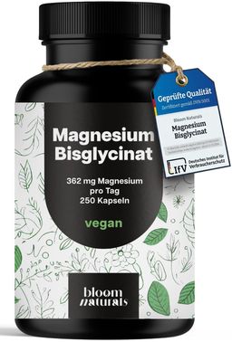 Magnesium Bisglycinat Hochdosiert - 250 Kapseln - 83 Tage Vorrat - Bloom Naturals