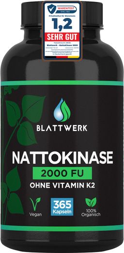 Nattokinase 2000 FU - JAHRESVORRAT - 365 Kapseln je 100mg (20.000 FU/g) - Deutsche Marke - BLATTWERK