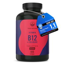 Vitamin B12 Testsieger - 1000µg + Folsäure (Quatrefolic®) - 6 Monate Vorrat - TRUE NATURE®