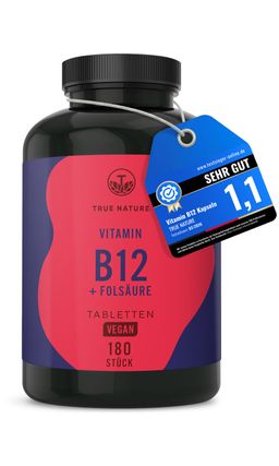 Vitamin B12 Testsieger - 1000µg + Folsäure (Quatrefolic®) - 6 Monate Vorrat - TRUE NATURE®