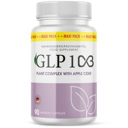 Weißes Pillenfläschchen mit lila Etikett. Aufschrift: GLP 1C3, 90 Kapseln. Mit Apfelessig. Nahrungsergänzungsmittel.