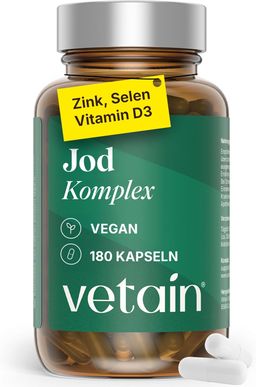 VETAIN Jod Komplex für Schilddrüse - mit Jod aus Bio-Kelp, Selen, Vitamin D3, Zink - 100% Vegan