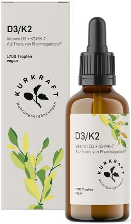 Kurkraft© Vitamin D3 K2 Tropfen – 1000 IE + 20 µg MK-7 All-Trans (Pharmaquinone®) – 1700 Tropfen