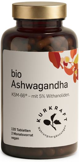 Kurkraft© Bio Ashwagandha KSM-66® – 600 mg Extrakt – 5 % Withanolide – 120 Tabletten – vegan