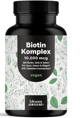 Biotin 10.000 mcg - 400 Tabletten - mit Zink & Selen - Bloom Naturals®