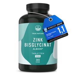 Zink Tabletten Testsieger - Zink Bisglycinat Premium Rohstoff Albion®, 1 Jahr Vorrat - TRUE NATURE®