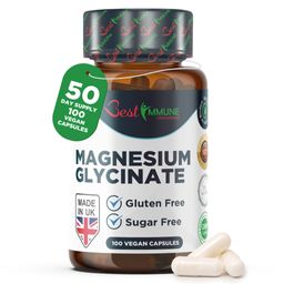 Braune Flasche mit Kapseln. Aufschrift: Magnesiumglycinat, 100 vegane Kapseln. Glutenfrei, zuckerfrei. Hergestellt in UK.