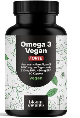 Omega 3 Vegan Forte - 90 Kapseln - 2000mg Algenöl - 45 Tage Vorrat - Bloom Naturals