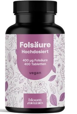 Bloom Naturals Folsäure Tabletten 400µg Hochdosiert - 400 Tabletten - 13 Monate Vorrat