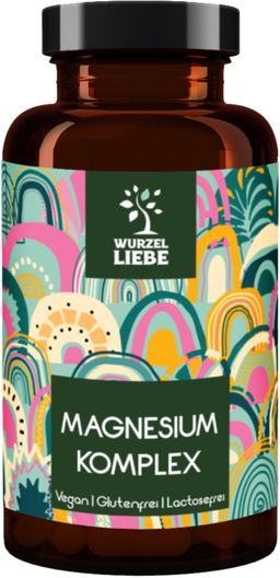 Braune Flasche mit Etikett. Aufschrift: WURZELLIEBE® Magnesium Komplex. Vegan, glutenfrei, laktosefrei.
