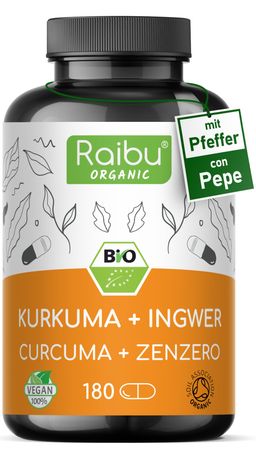 BIO Kurkuma Kapseln + Ingwer + Pfeffer, Hochdosiert, 180 St - RAIBU