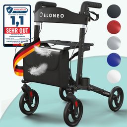 ELONEO Rollator Leichtgewichtrollator mit Stockhalter, Einkaufstasche & Rückengurt