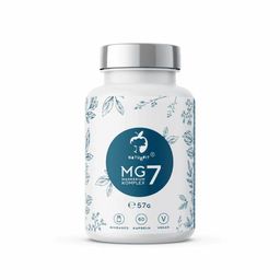 Weiße Flasche mit silbernem Deckel. Aufschrift MG7 Magnesium Komplex. Blaue Grafik mit Blättern und Logo.