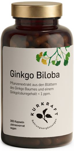 Kurkraft© Ginkgo Biloba – 100 mg Extrakt 50:1 – 365 Kapseln – Jahresvorrat – vegan