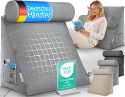 ELONEO Rückenkissen mit Nackenrolle für Bett & Sofa 55x50x30cm, waschbarer Bezug