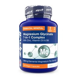 Blaue Flasche mit Magnesium Glycinat. Text: Essential Mineral, 7-in-1 Komplex, mit Zink, Vitamin D3 & B6, 120 vegane Kapseln.