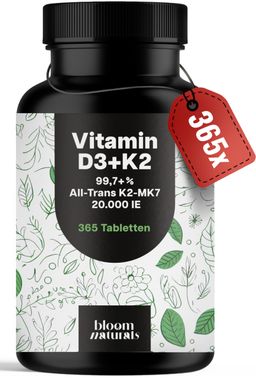 Vitamin D3 K2 Depot Hochdosiert - 365 Tabletten - 20.000 IE D3 & 200 µg K2 - Bloom Naturals®