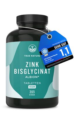 Zink Tabletten Testsieger - Zink Bisglycinat Premium Rohstoff Albion®, 1 Jahr Vorrat - TRUE NATURE®