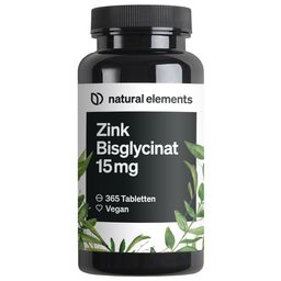 natural elements Zink 15mg – 365 Tabletten – gut verträgliches Zinkbisglycinat (Zink-Chelat)