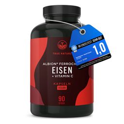 Testsieger Eisen Kapseln + Vitamin C - 54 mg Ferrochel® Eisenbisglycinat (14 mg Eisen), TRUE NATURE®
